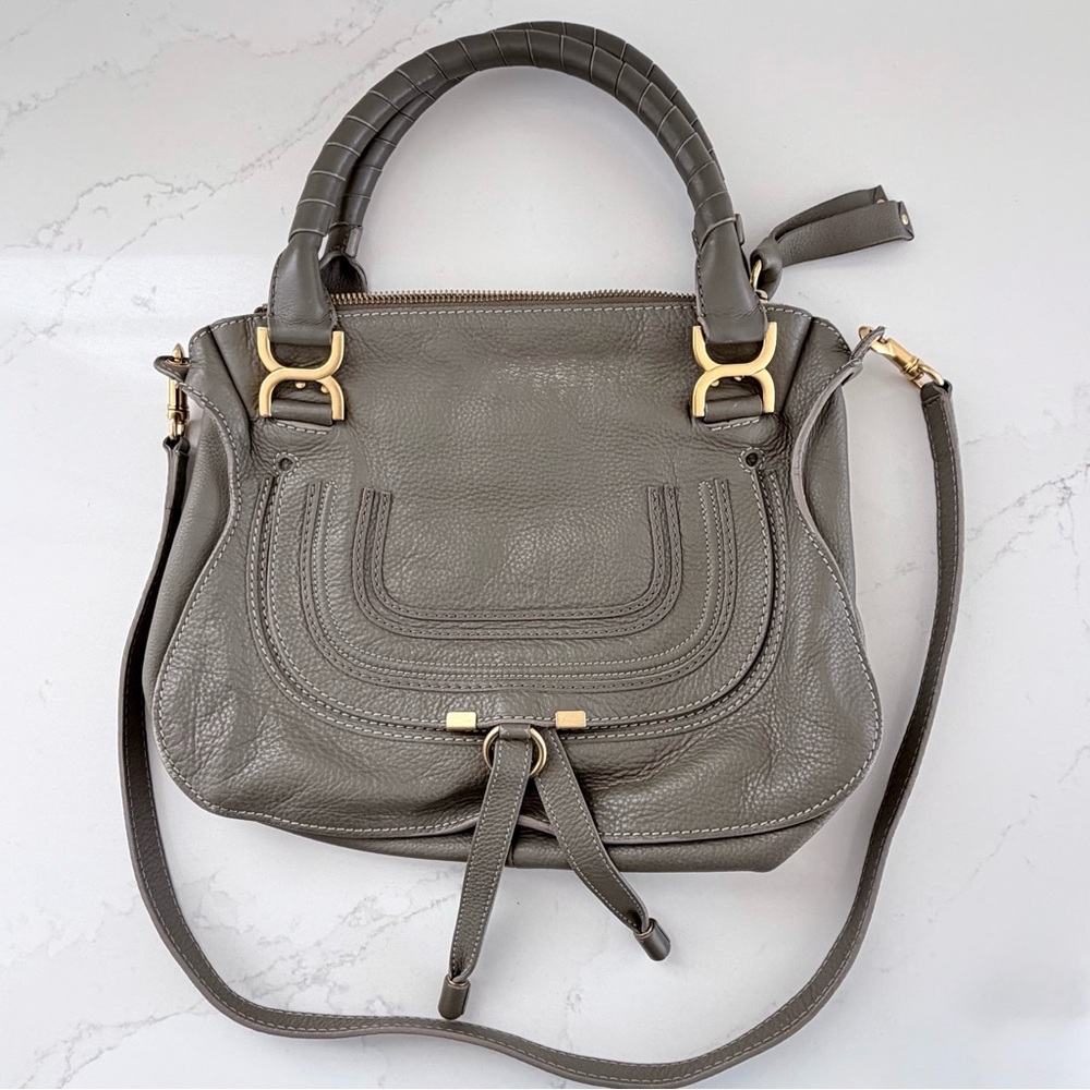 AUTHENTIC Chloe Marcie Small Satchel Bag Calfskin Cashmere Grey Made in Italy